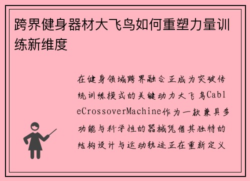 跨界健身器材大飞鸟如何重塑力量训练新维度