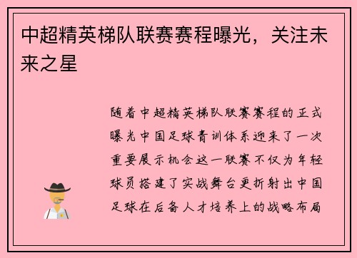 中超精英梯队联赛赛程曝光，关注未来之星